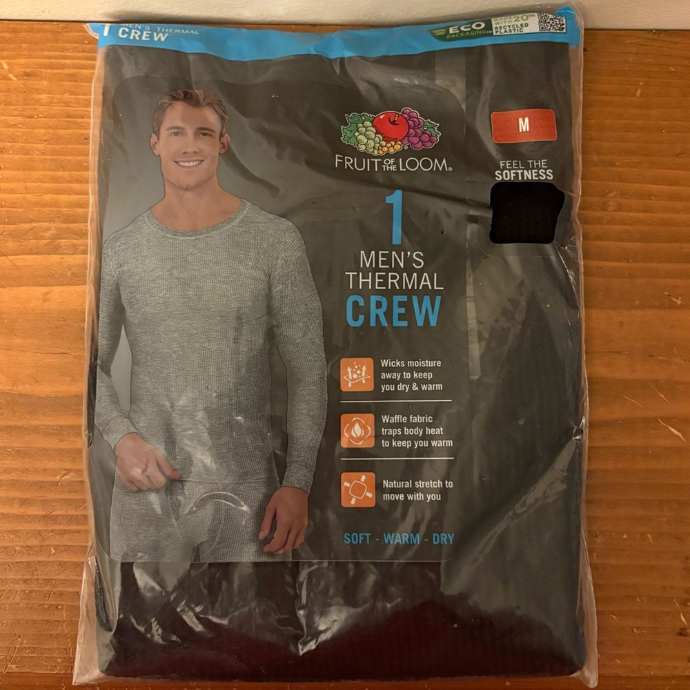 Fruit of the Loom Men's Black Thermal Waffle Long Sleeve Crew Top - Medium